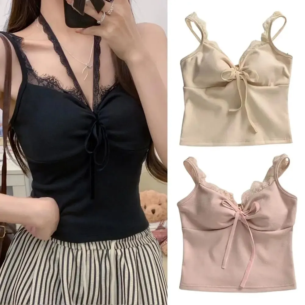 Womens Tops Sexy Tank Top Ladies Built In Bra Solid Color Camis Off Shoulder Sleeveless Camisole Sweet Lace Sling Top Tees
