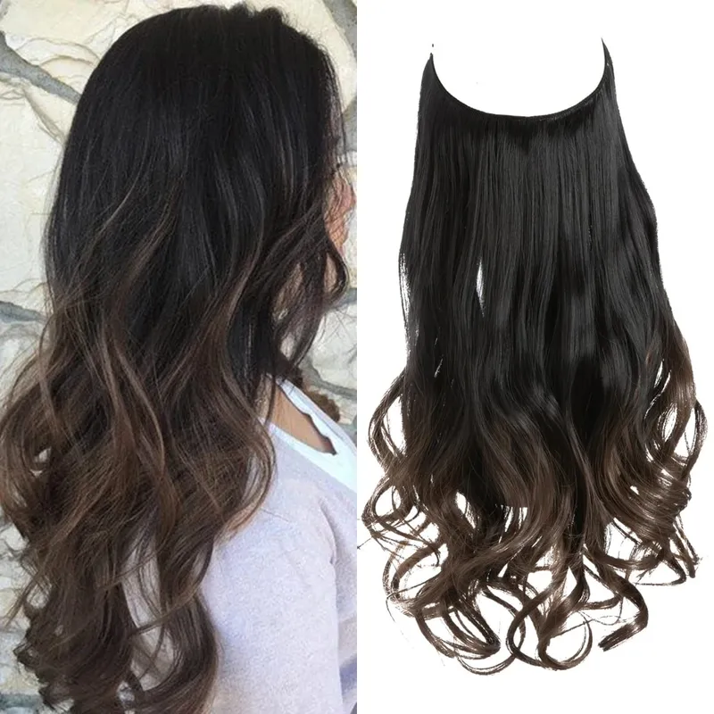 Sintético sem clipes na extensão do cabelo natural ombre preto loiro rosa uma peça onda longa fio invisível falso pedaço de cabelo