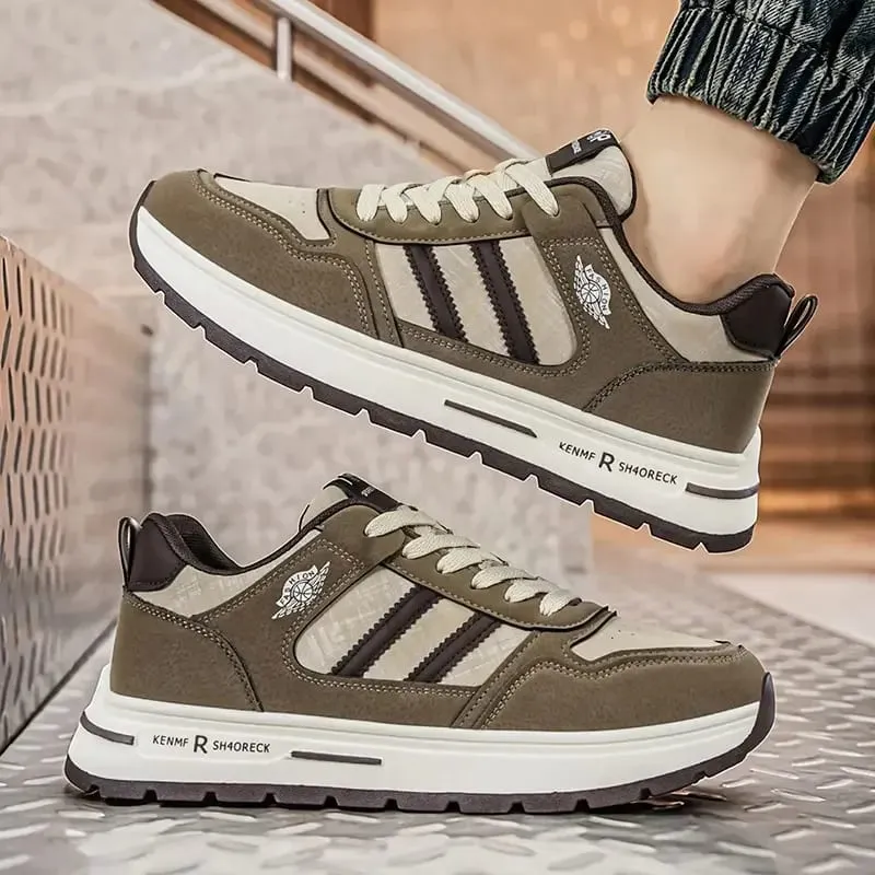 Men Retro Stripe Casual Sneakers Brown Khaki Thick Cushion Non-slip Sole Lace-up Lightweight Outdoor Walking Jogging Daily Shoes