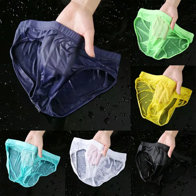 Cuecas masculinas sexy pura de seda gelo roupa interior de secagem rápida u bolsa convexa respirável cuecas de cintura baixa verão resfriamento