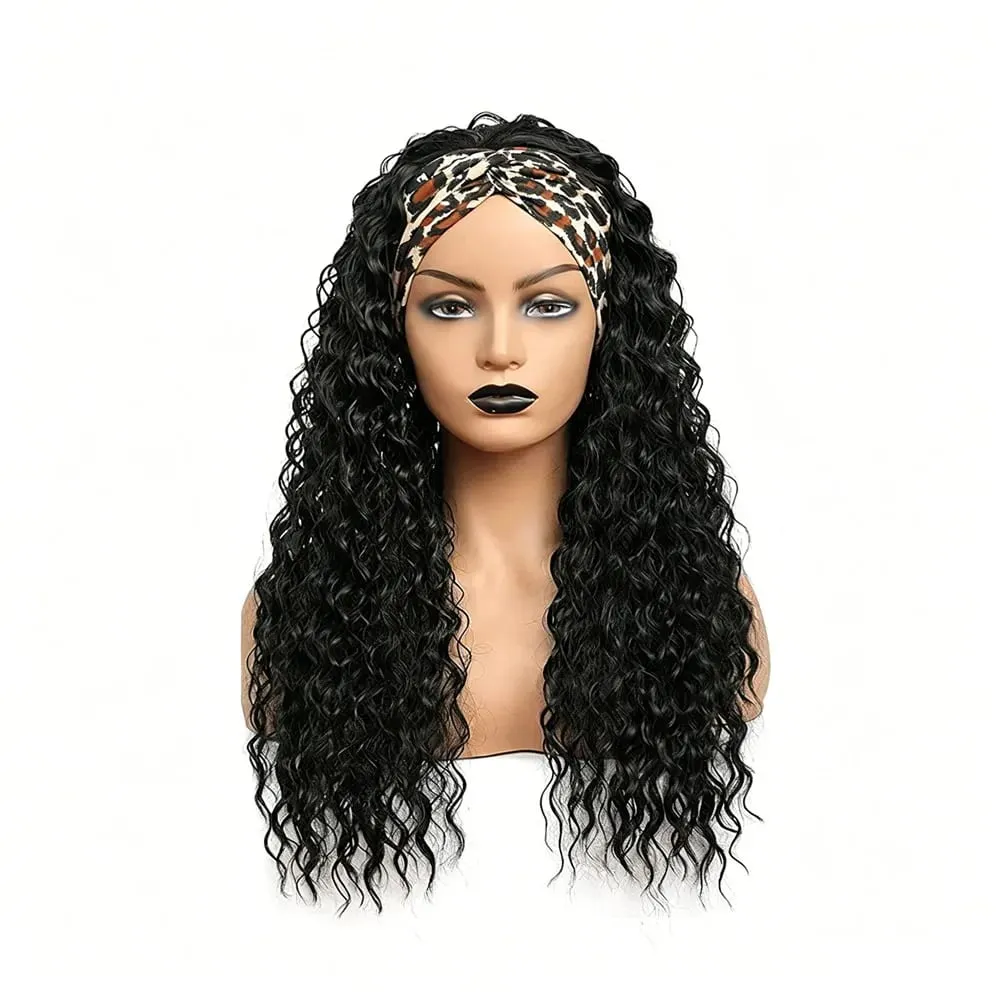 26 Inch Natural Black Deep Wave Headband Wig Easy to Wear Heat Resistant Synthetic Hair Natural Looking Soft Thick for Women
