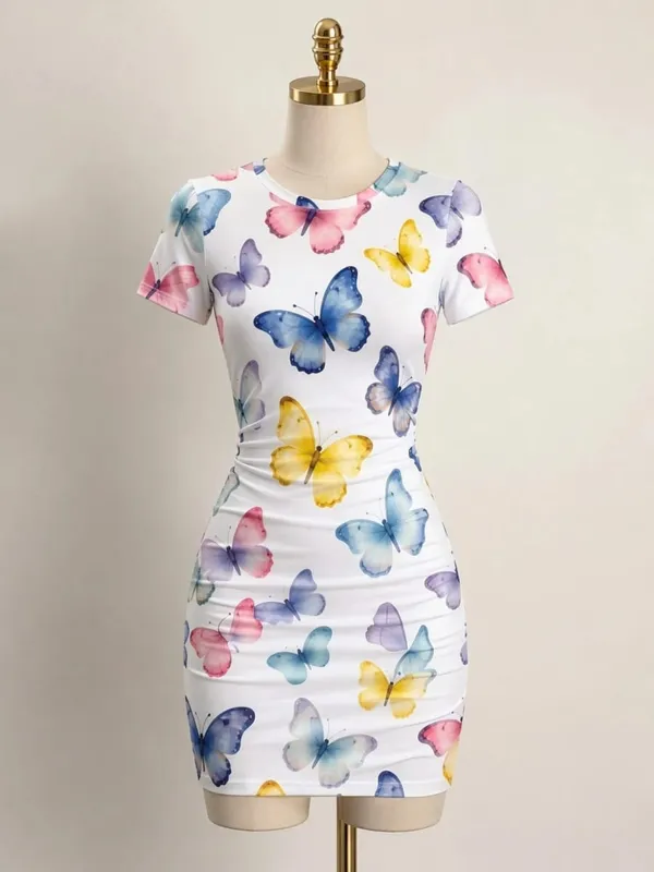 Womens Short Sleeve Bodycon Mini Dress Slim Fit Crew Neck Floral Print Casual Summer Party Cute Smooth Weekend Vacation Sundress