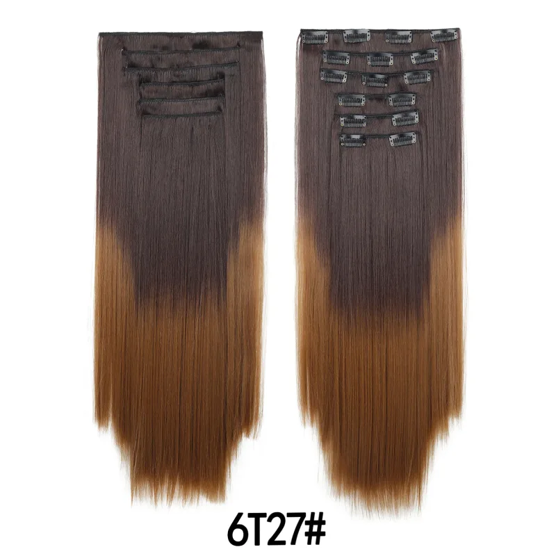 6 ชิ้น 24 นิ้วสี Ombre คลิปต่อผมยาวสังเคราะห์ตรง Hairpieces Layered นุ่มคลิปที่มองไม่เห็น Ins Extensions