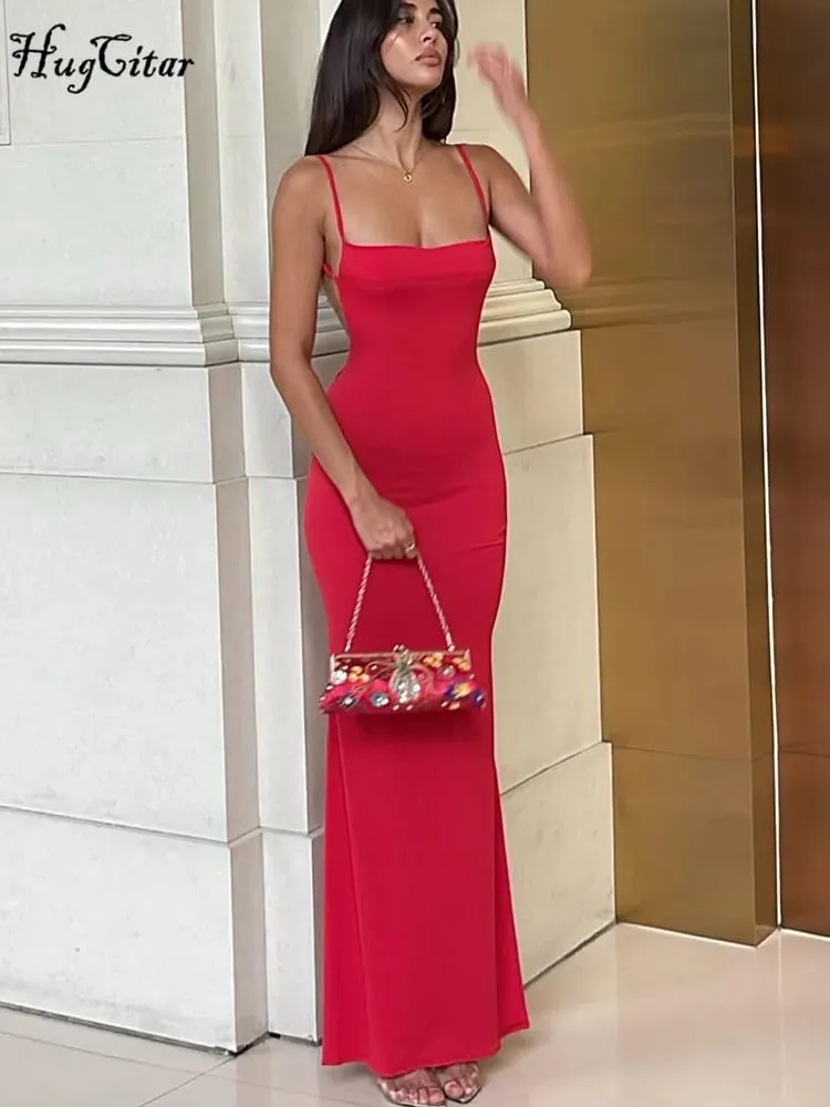 Hugcitar Summer Solid Sleeveless Backless Elegant Sexy Bodycon Y2K Maxi Prom Dress Women Clothes Birthday Party Casual Y2K