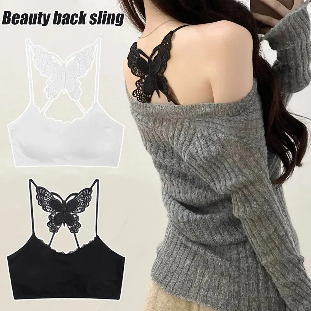 Flattering Slim Crop Top Women Lace Butterfly Back Cami Top Padded Built Bra Spaghetti Strap Sleeveless Tank Inner Underwear