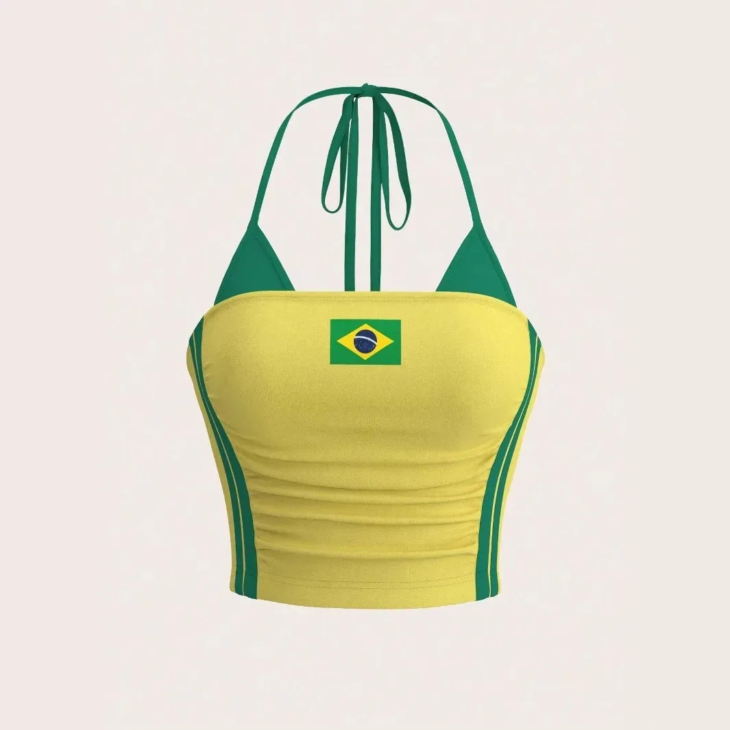 Women Brazil Flag Print Halter Crop Top Y2K Color Block Sling Cami Top Ruched Sleeveless Tube Tank Top Streetwear Summer Vest