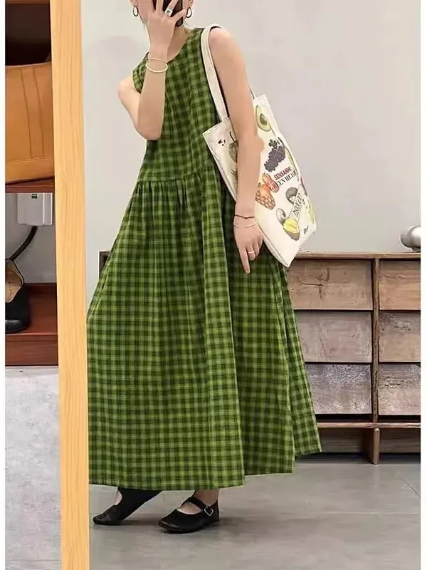Slimming Plaid Cotton Lin Svel Long Dr Women's plus Size Dstring Waist round Ne Vest Skirt Commute Sle Summer...