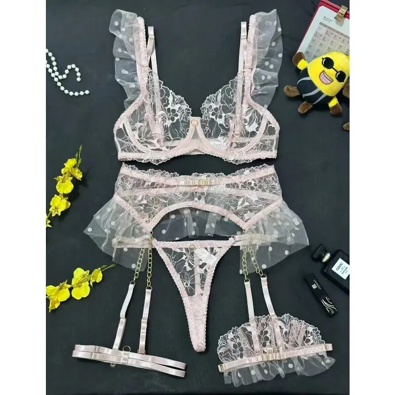 French Sexy Eyelash Lace Women's Lingerie Sets Fancy Floral Embroidery Bra Garter Belt Thong Ruffle Leg Straps Exotic Underwear