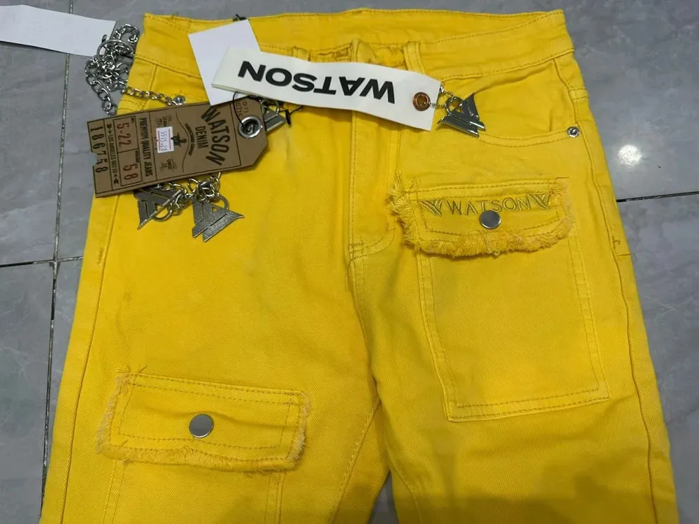 2026 Men's Multi-Pocket High Street Quality Slim Fit Skinny Long Denim Flared Men Yellow Red Pink Jeans Pants