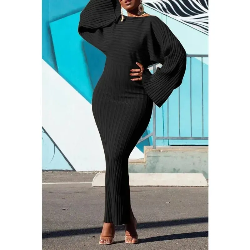 Black Knitted Dress Women Fashion O Neck Long Sleeve Bodycon Midi Dresses Female Elegant High Strecth Light Loose Dresses Thin