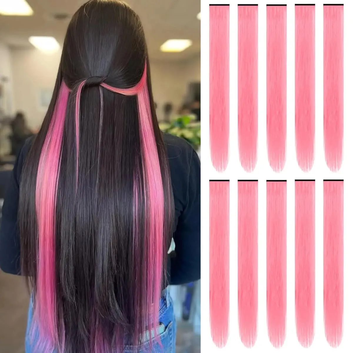 10 PCS Sintetik 22 inci Sambungan Rambut Berwarna Potongan Rambut Lurus Warna-warni Sorotan Pesta Klip dalam Panjang untuk Kanak-kanak Perempuan Wanita