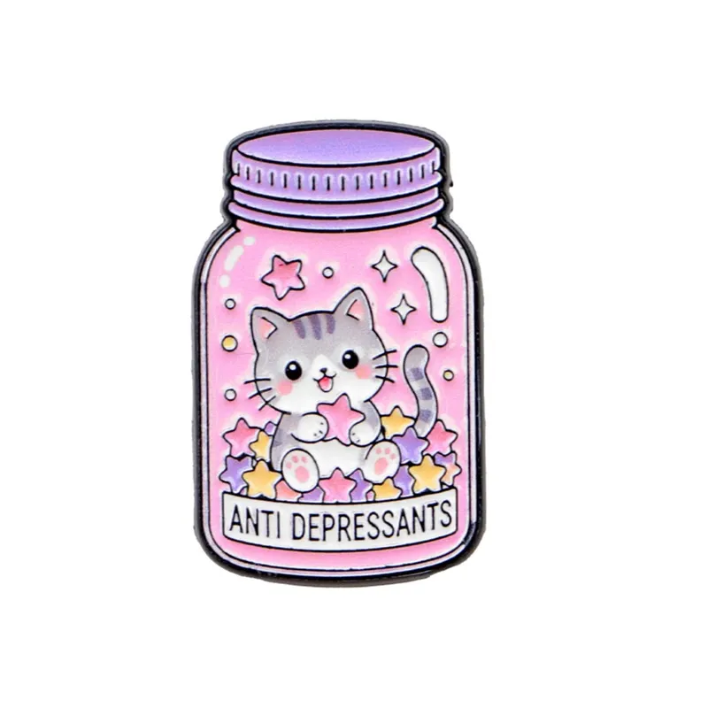 Sweet Pink Cat Star Bottle Enamel Brooch ANTI DEPRESSANTS Badge Cute Animal Lapel Pin Backpack Jacket Decorative Accessory