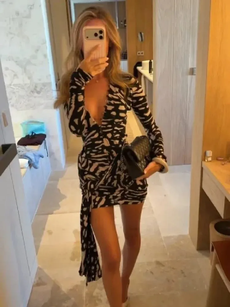 Sexy Black Print Wrap Mini Dress Women Long Sleeve Deep V Neck Button Tie Waist Trendy Bodycon Party Gown Chic Evening Clubwear