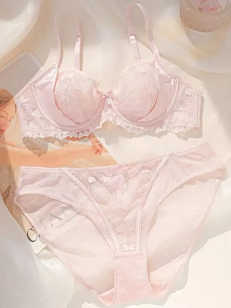Sexy Pink Lace Sexy Lingerie Set Women Wireless Bra Bralette & Panties Ultra Thin Breathable Summer Teddy Comfort S-3XL MOYISU