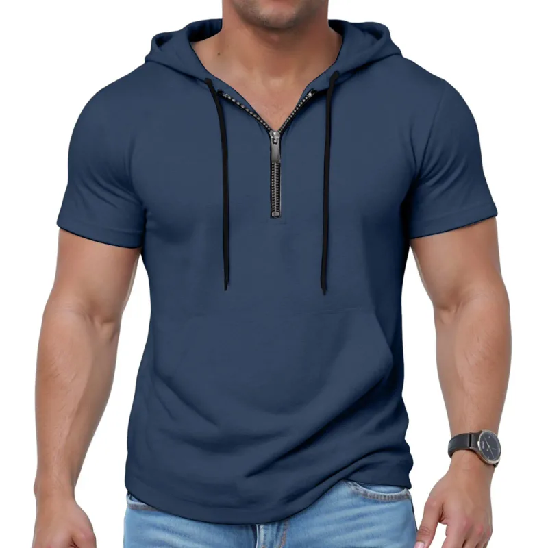 Hoodies casuais de manga curta masculina moda esportes metade zip cordão moletom mostrar mais forte solto respirável fitness hoodies — image 8