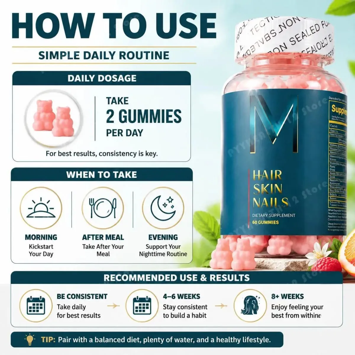 Hair Skin Nails Gummies with Biotin and Zinc Vitamins A C D2 and E Plus B6 and B12 for Radiant Healthy Skin 60 Gummies
