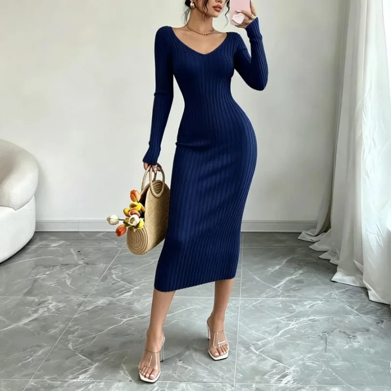 Women Solid Color V‑Neck Ribbed Knit Maxi Sweater Dress Elastic Long Sleeve Bodycon Dress Ladies Casual Party Fashion Dresses
