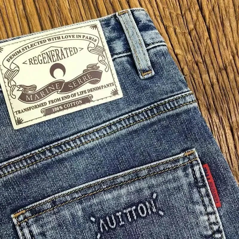 Embroidery Slant Pocket Jeans Men's Trendy Brand Embroidery Slim-fit Elastic Small Straight Blue Fashion Casual Trousers Men