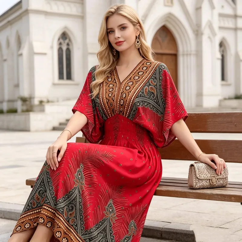 Boho Holiday Women V-Neck Batswing Short Sleeve A-Line Midi Dresses Slim Elastic Waist Casual Vintage Office Lady Elegance Dress