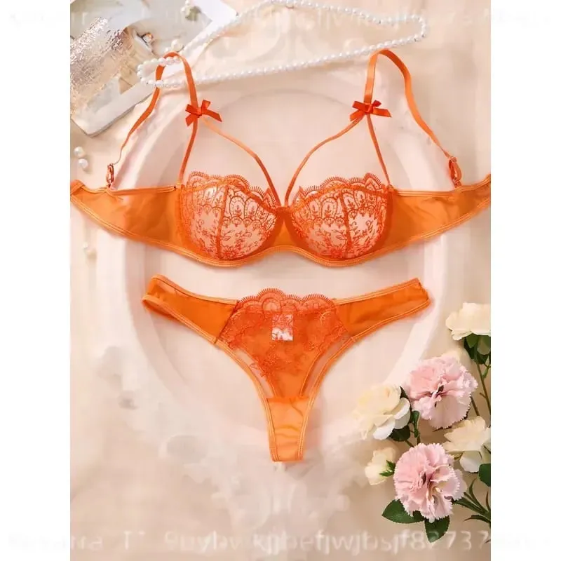Sexy Orange Lace Lingerie Set Women Push Up Bra and Panty Butterfly Bow Underwear Female Intimates Sleepwear ZA824057
