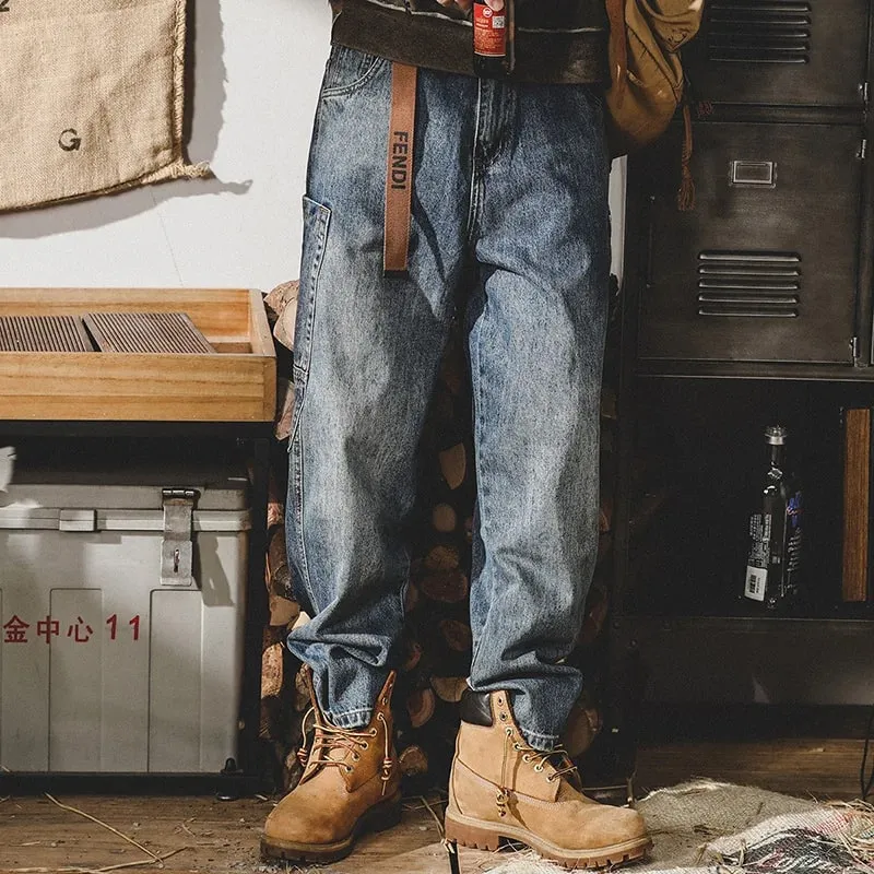 American Retro Jeans Men Autumn High StreetinsTrendy Cargo Pants Men Loose Fit Plus Size Straight Wide-Leg Pants