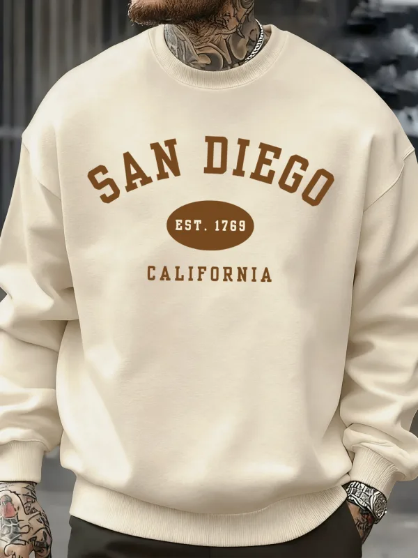 San Diego California Letter Printed Men Pullover Sweatshirts Soft Fleece Sweatshirt Crewneck Casual Clothes Oversized Streetwear