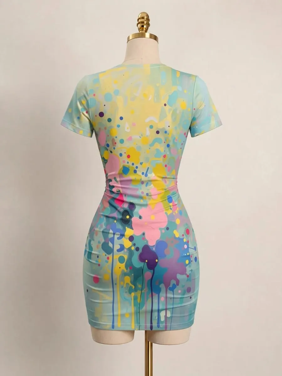 Womens Short Sleeve Bodycon Mini Dress Slim Fit Crew Neck Floral Print Casual Summer Party Cute Elegant Summer Vacation Sundress