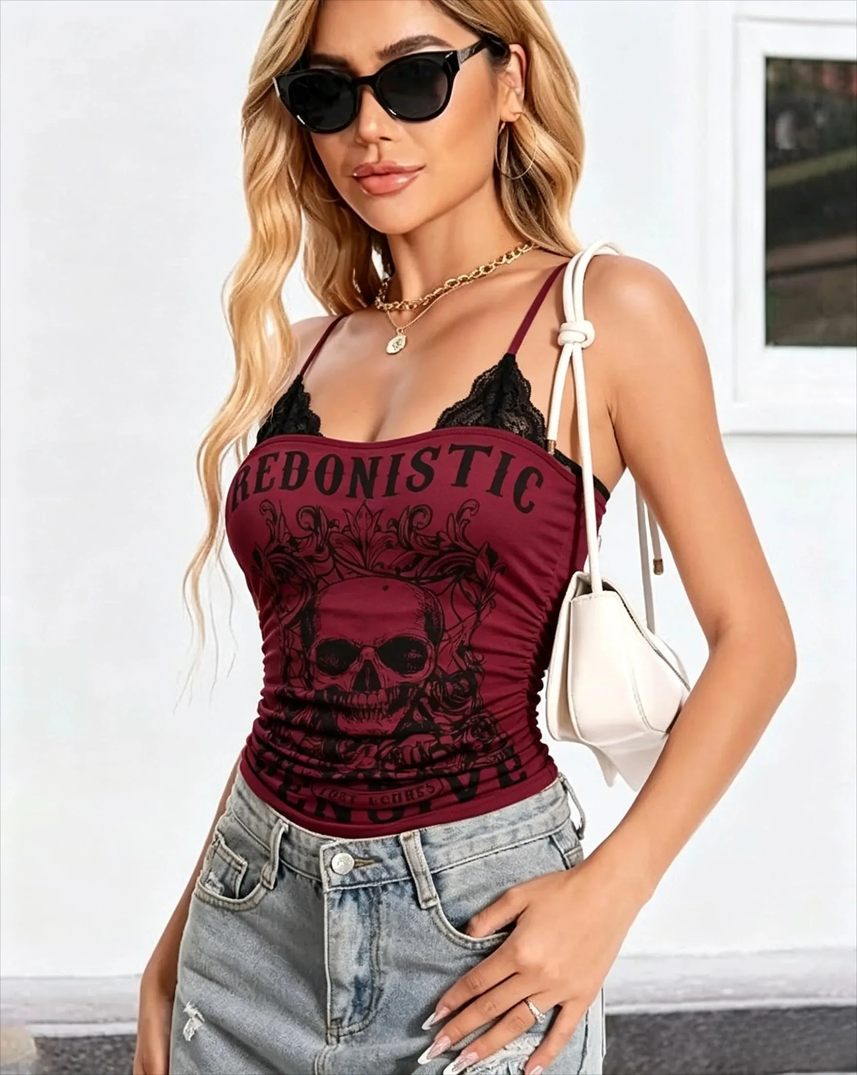 Skull Print Halter Cami Top Lace Trim Tie Back Sleeveless Tank Ruched Waist Vintage Graphic Slim Fit Casual Blouse