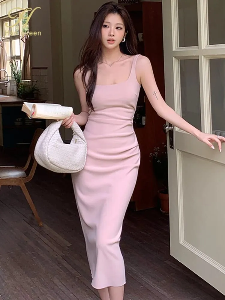H Han Queen Summer New Office Women Sheath Pencil Dress Sexy Sleeveless Straps Simple Slim Party Holiday Prom Casual Dresses