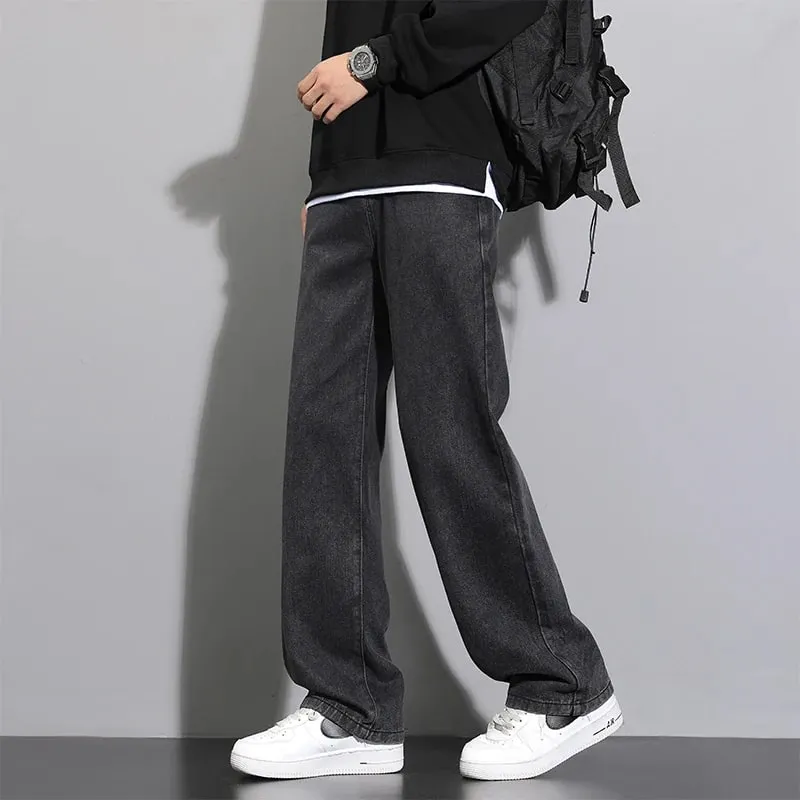2026 New Korean Men's Casual Long Jeans Classic Man Straight Denim Wide-leg Pants Solid Color Light Blue Grey Black