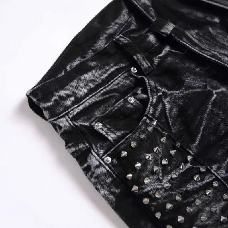 2025 Four Seasons New Retro Punk High Street Trendy Sort Vasket Forældede Slankende og Forældede Willow Nail mænds jeans — image 3