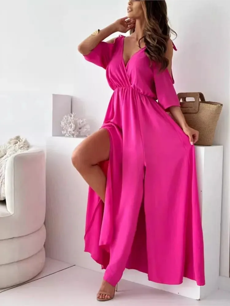 Summer V-neck Skirt Slit Dress Off-shoulder Sleeves Sexy Spaghetti Strap Dress Fashion Elegant Loose Beach Dresses Robe Femme