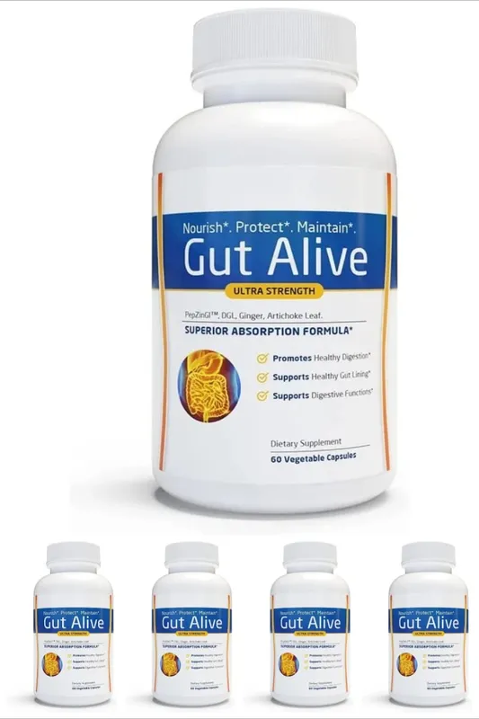 Gut Alive - All Natural Support to Fight IBS Heartburn Acid Indigestion Acid Reflux Bloating & Gas Unique Formulation 60 Count