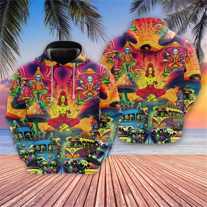 Harajuku Fashion Alien Graphic Sweatshirts Trippy Mushroom Y2k Hoodies For Men Clothes Cartoon Boy Pullovers Hip Hop UFO Hoody