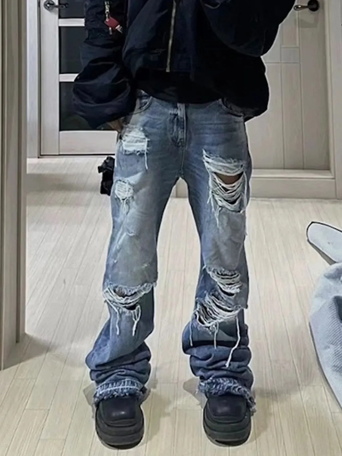 Unisex Wide Leg Flared Jeans Torn Hole Cut with Cat Whisker Fringe Blue for Men And Women ZJ014