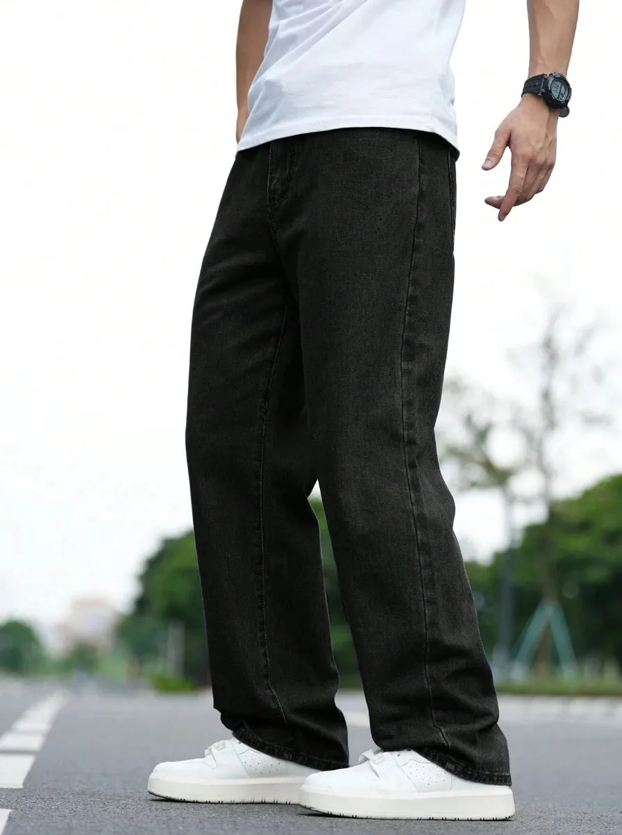Men's Durable Black Relaxed-Fit Jeans Mid-Waist Comfort Street Style Essential Urban Pants