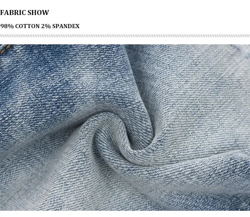 Light Blue Men's Slim Fit Jeans Elastic Waist Distressed Hip Hop Brand Fashionable Nostalgic Washed Color Patch Jeans