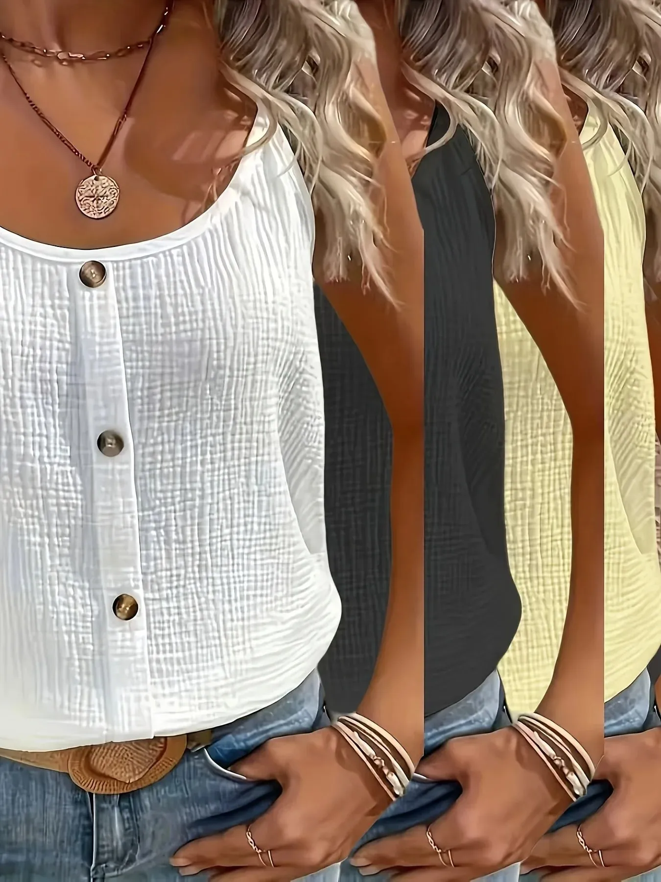 Summer Solid Color Stretchy Comfortable Camisole Tank Top 3pcs Set for Home Outings Travel and Vacations
