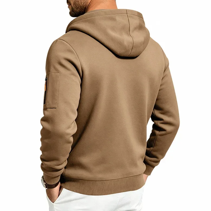 Men's Heavyweight Full Zip Hoodie Autumn Winter Casual Outdoor Hooded Sweatshirt Multi‑Pocket Drawstring Loose Fit Sports Jacket