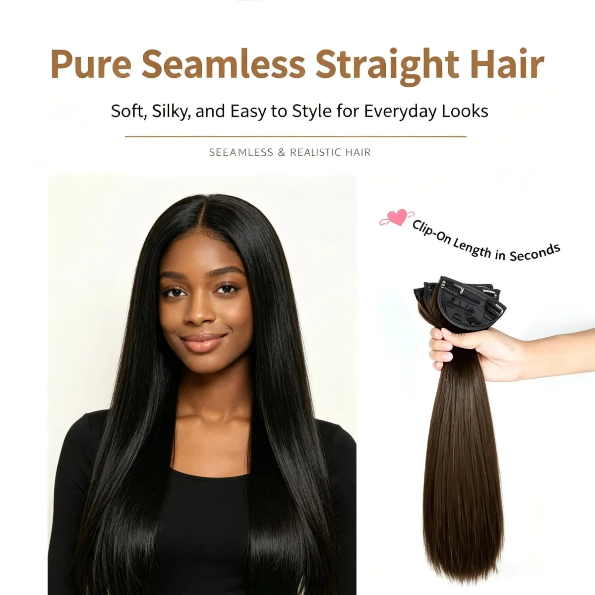 3 Pcs Invisible Seamless Clip in Hair Extensions Straight Synthetic Fiber Breathable Mesh Elastic BB Clips Lightweight Silky Hai