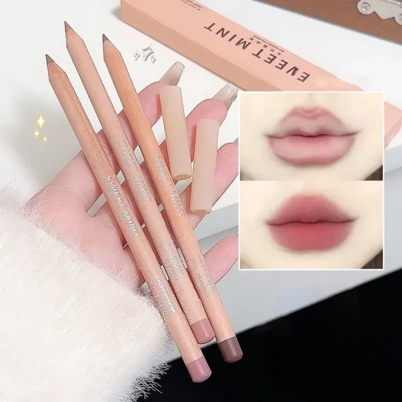 Wooden Matte Lip Liner Pencil Long Lasting Waterproof Nude Low Saturation Lip Pencil Natural Contour Lip Makeup for Beginners