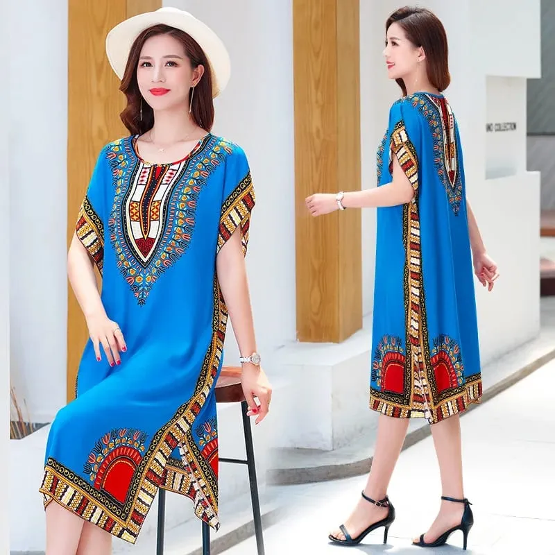 Summer cotton and silk dress medium and long bat sleeve loose large size beach dress mother dress belly and thin skirt women