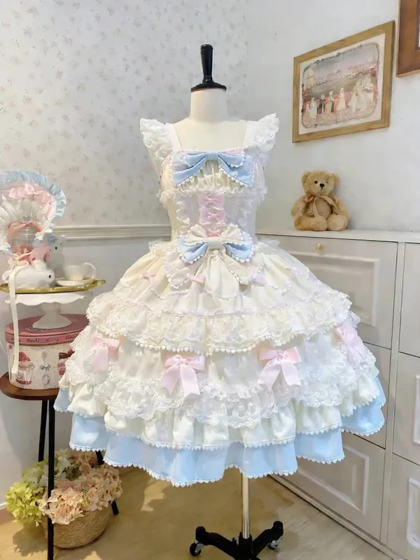 Y2K Sweet Lolita Jks Strap Dress Women Solid Ruffle Lace Bow Patchwork Kawaii Princess Ball Gown Knee-Length Elegant Party