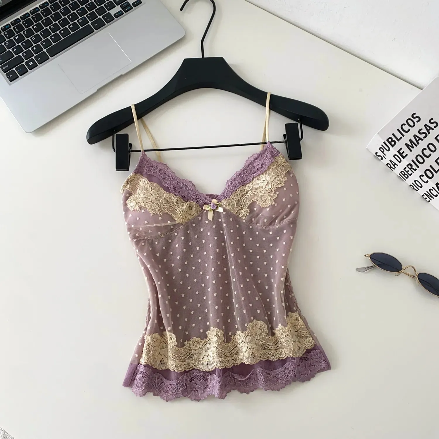 Polka Dot Mesh Lace Top French V Neck Shirred Stretchy Slim Backless Pambabaeng Tank Top Summer Y2K Sensual Lazy Kamisole