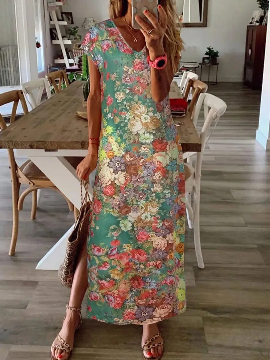 2026 Summer New Fashion Womens Colorful Floral Print V Neck Short Sleeve Maxi Dress Side Slit Summer Boho Loose Fit Long Dress