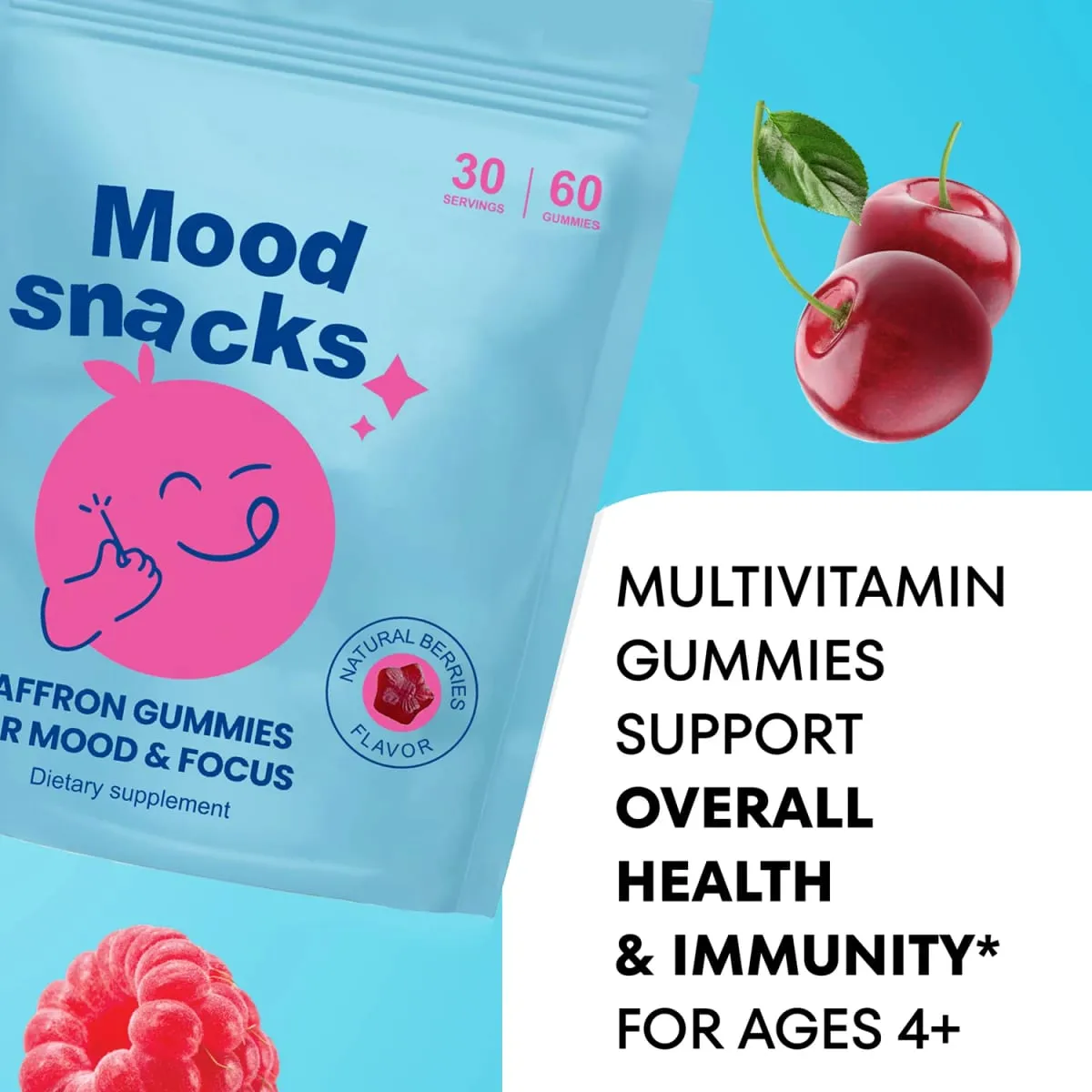 Mood Snacks - Kids Saffron Gummies Natural Berries Supplements Nag-aalok ng Mood Support at Nakakapagpakalma ng Temper Tantrums Sugar Free Gummies