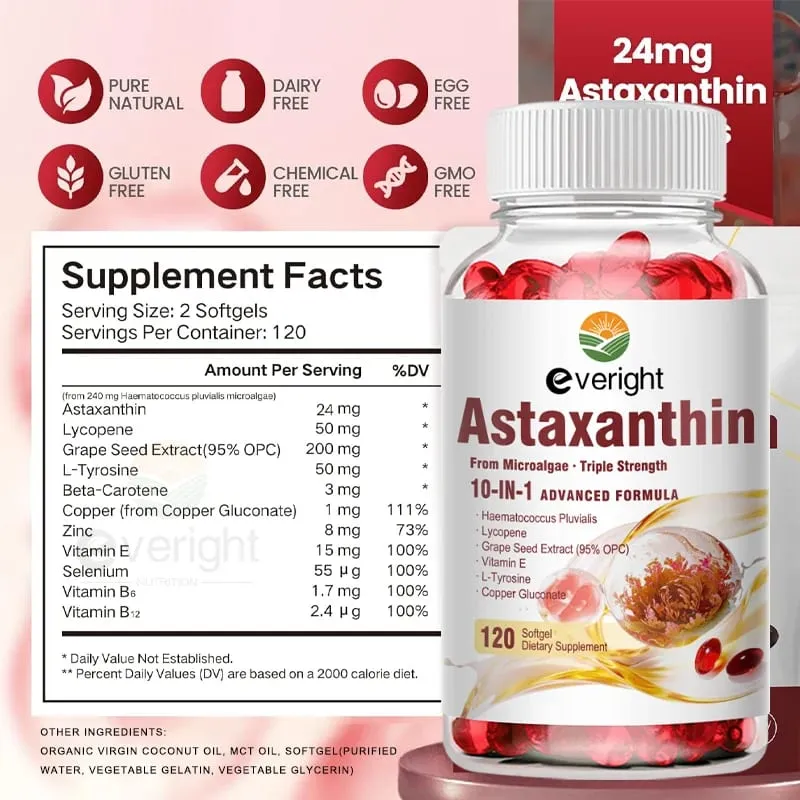 Astaxanthin 24mg – Antioksidan Ampuh untuk Kulit Mata & Kesehatan Kekebalan Tubuh – 10-in-1 dengan Lycopene Grape Seed Vitamin E & Zinc
