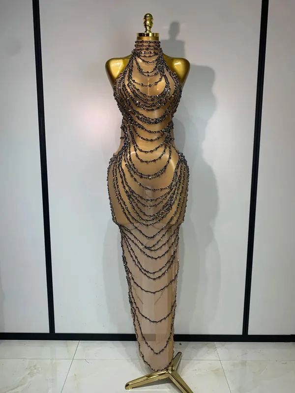 Sparkly Strass Sexy Transparent Mesh Lange Kleid 2025 Frauen Luxus Geburtstag Club Party Kleid Bühne Sängerin Leistung Kostüm