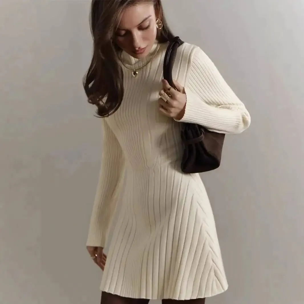 Knitting Dress Women's 2026 Spring Knitted Dress Long Sleeve Semi-High Neck A Line Skirt For An Elegant And Playful Look