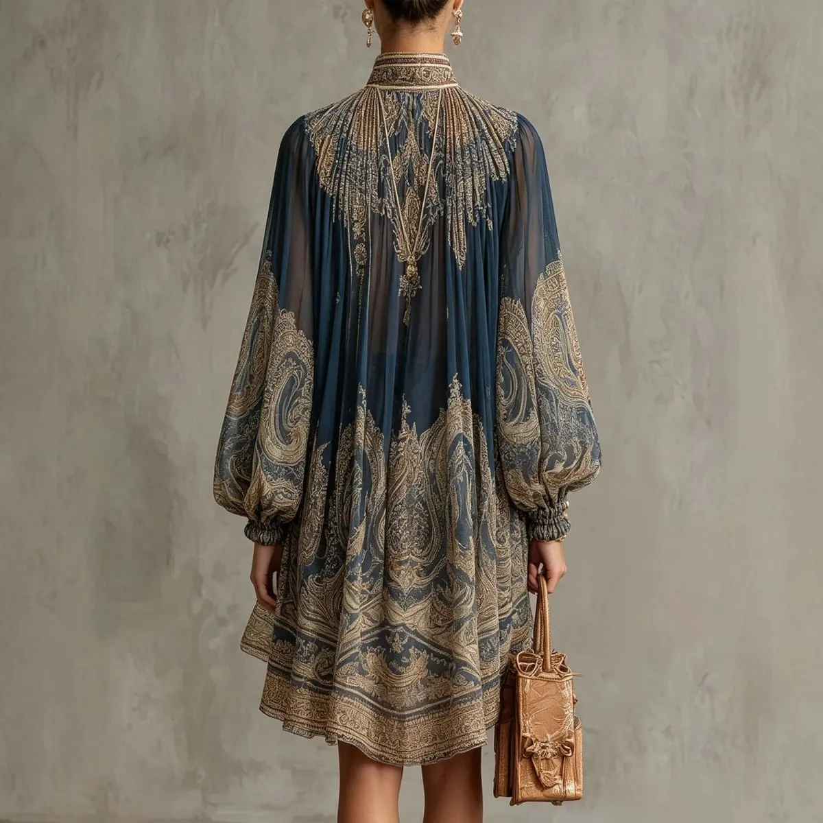 2026 New European and American Turtleneck Printed Chiffon Dress Loose Vacation Style Shawl Long-Sleeved Women's Dress